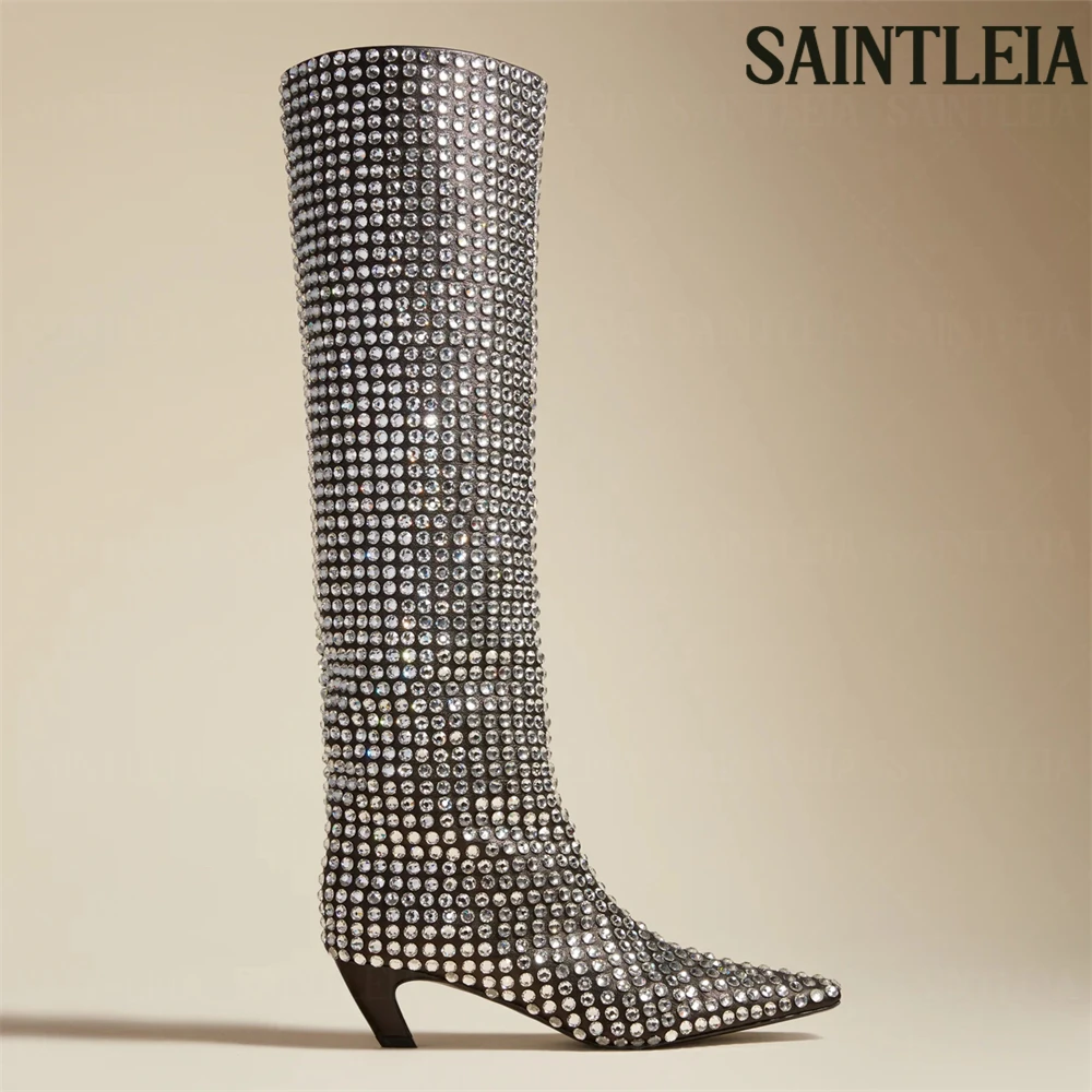 Crystals Crown Jewel Knee Boots Snip Toe Thick Kitten Heel Tall Boots Black Faux Suede All over Rhinestone Embellishments Boots