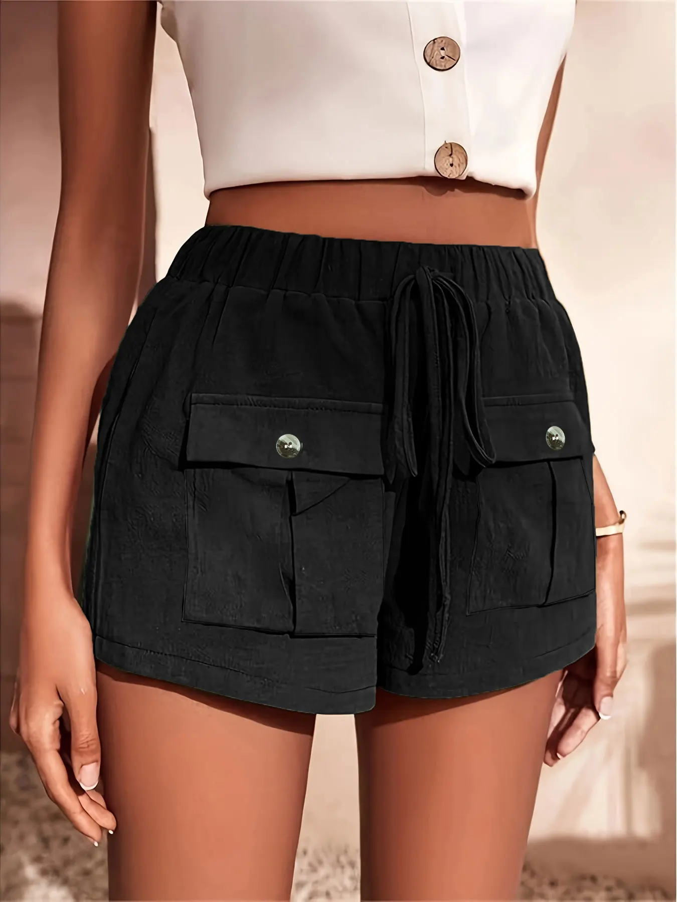 Short d'été décontracté pour femmes, grande taille, couleur unie, Non extensible, jambe droite, cordon de serrage, taille, tissu léger et respirant
