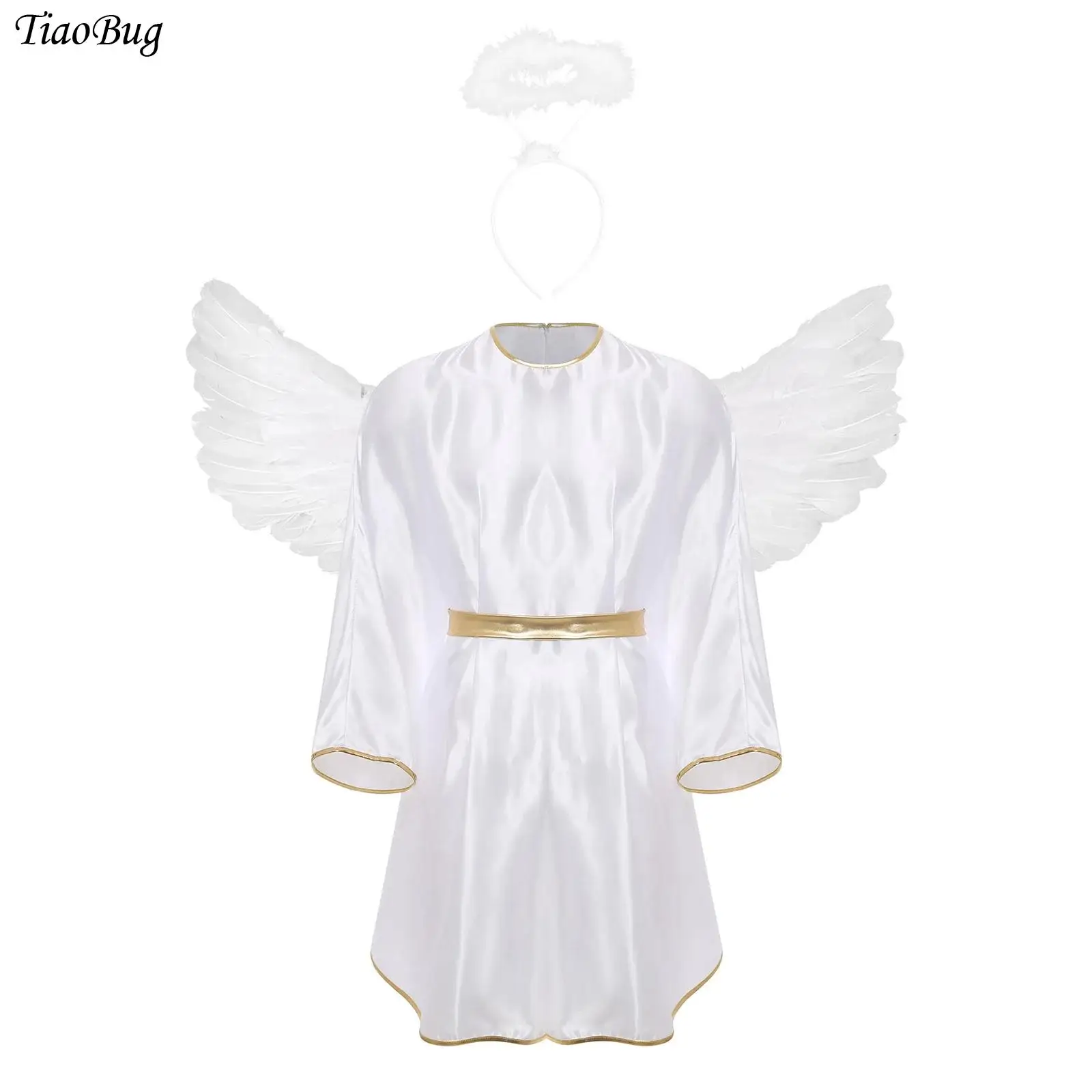 

Mens Angel Devil Cosplay Costume Halloween Carnivals Party Robe with Headwear And Wings Batwing Sleeve Gold Trim Satiny Dress