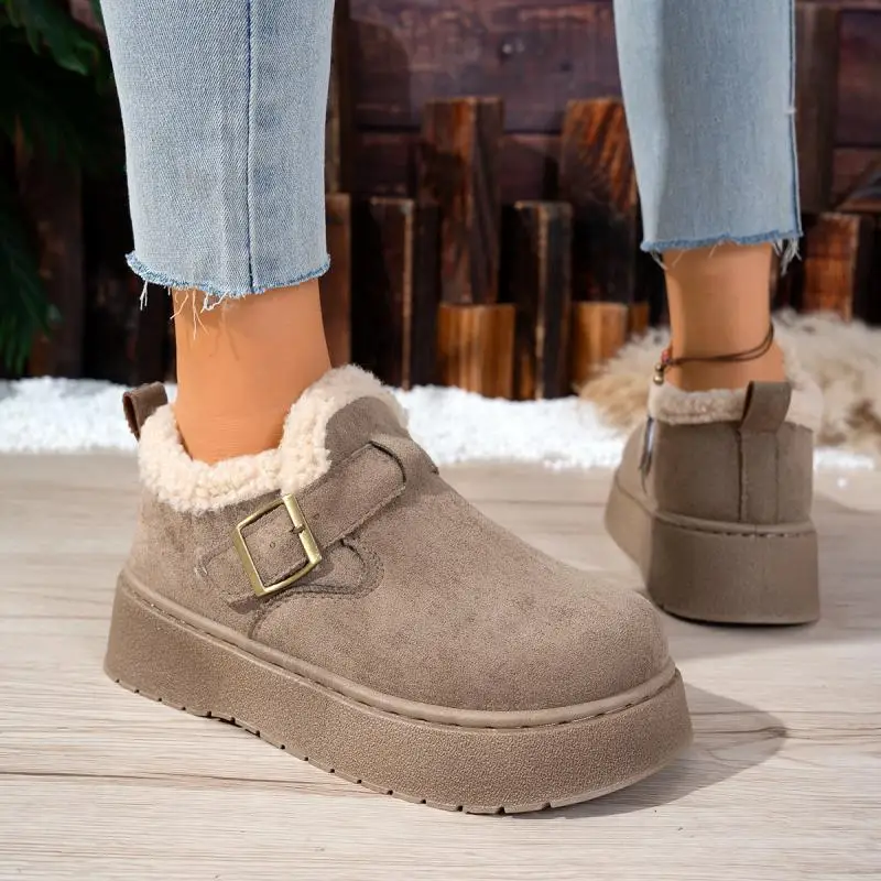 Warm Fleece Thick Bottom Suede Snow Boots Women Winter 2026 Casual Metal Buckle Lambswool Ankle Boots Women Plush Cotton Shoes