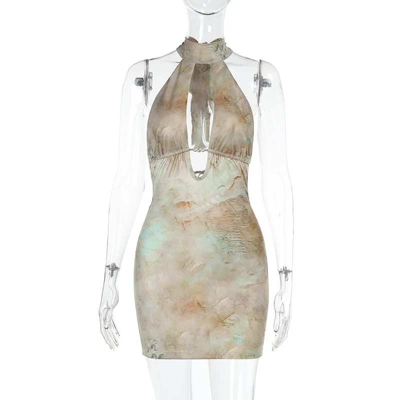 New Spicy Girl sexy Hollow out Print Hanging Neck Women's Backless Wrapper Hip Dress