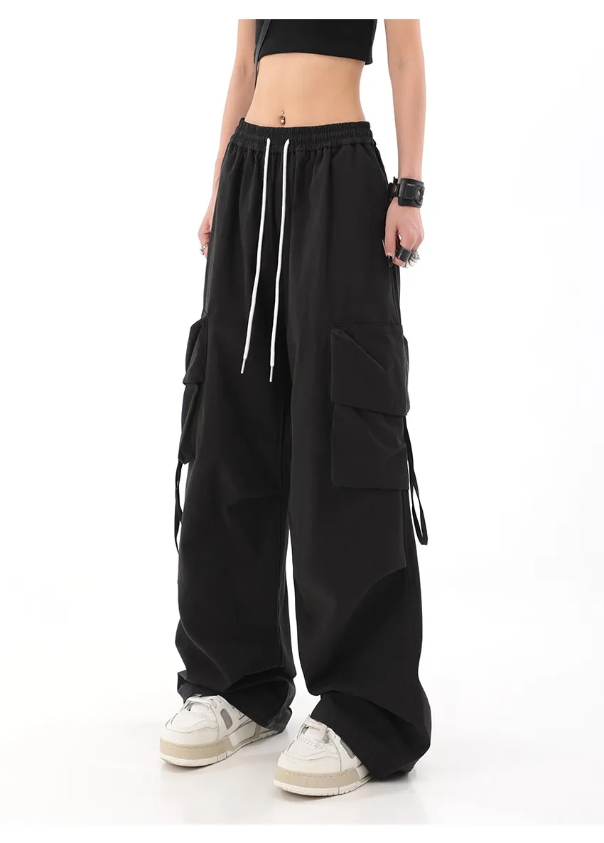 

Women High Waist Mopping Sweatpant Trousers Drawstring Baggy Y2K Cargo Pants Vintage Street Pockets Wide Leg Joggers Pant