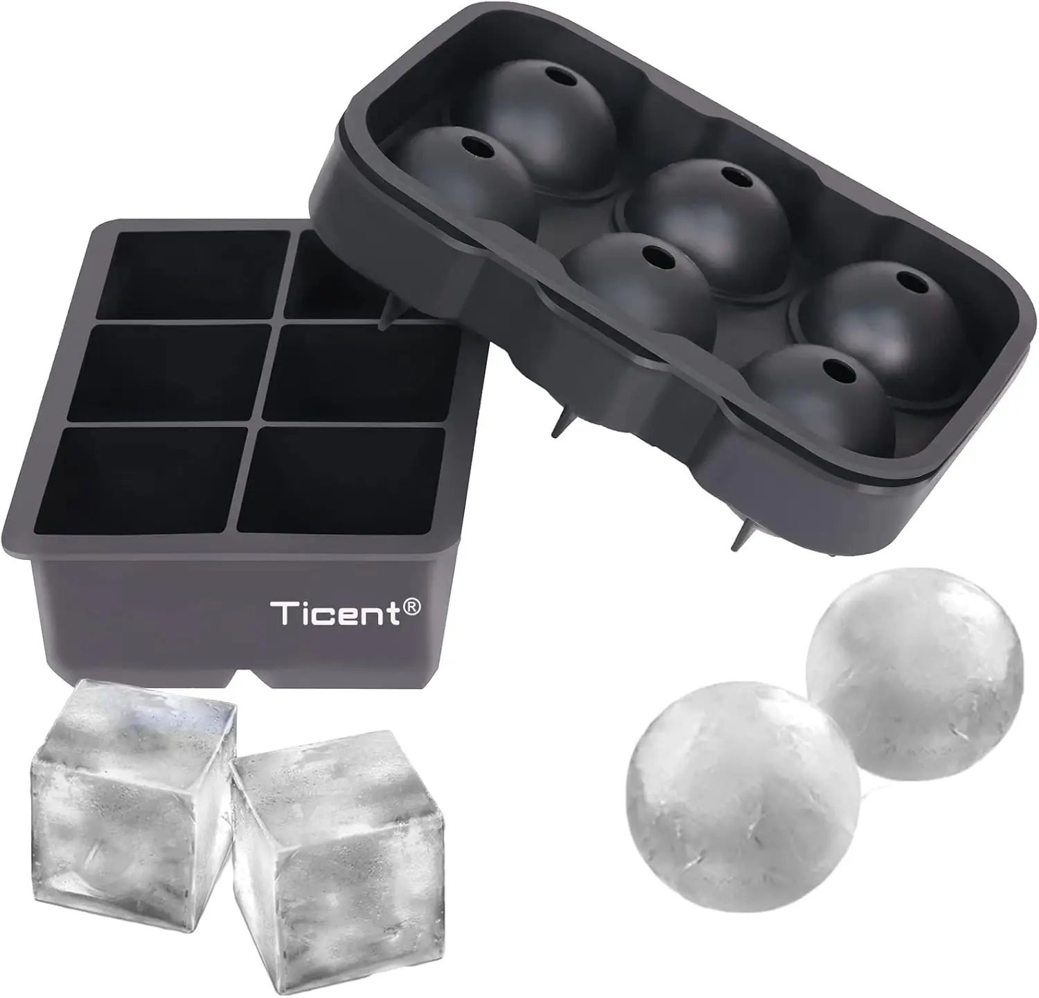 

Ice Cube Trays (Set of 2), Silicone Sphere Whiskey Ice Ball Maker with Lids & Large Square Ice Cube Molds for Cocktails &amp