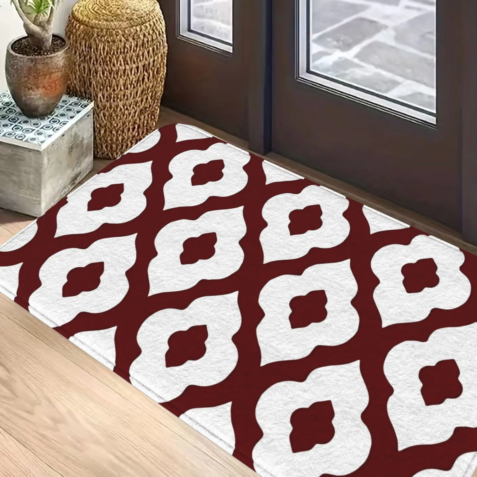 Burgundy & White Geometric Pattern Doormat – Non-Slip Polyester Floor Mat for Entryway, Hallway, Living Room |