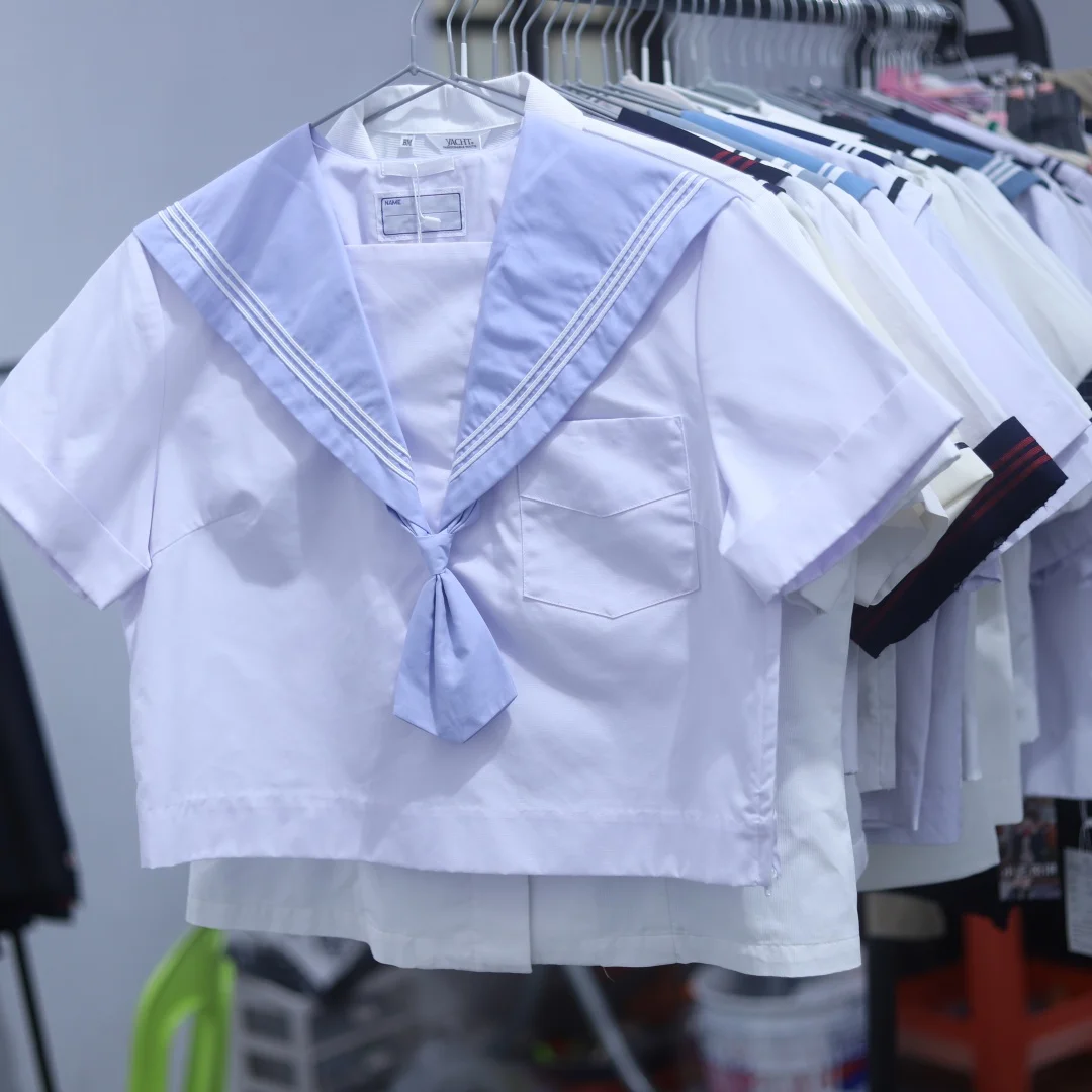

Cute Style Summer Short Sleeve Sailor Uniform Japanese Made Alternating Color Water Pattern Straight Leg Pants mid Length Skirt
