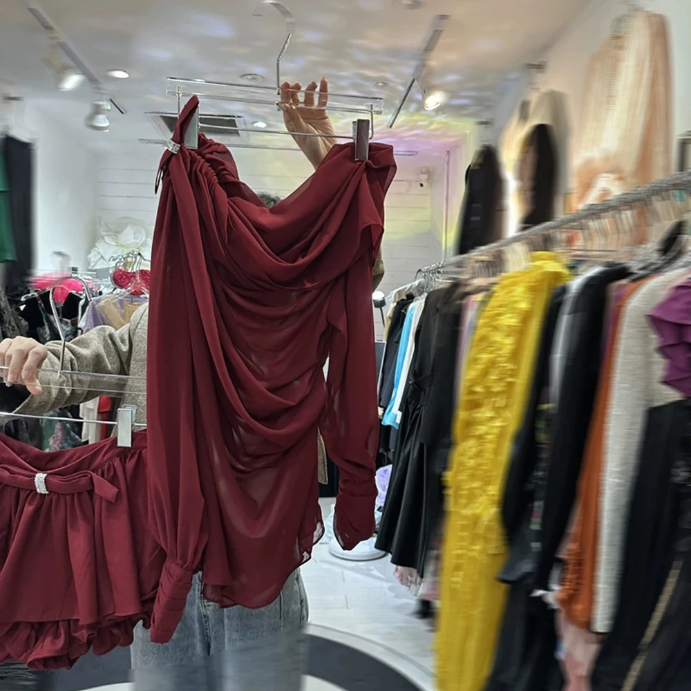 

New celebrity niche design oblique shoulder pleated top skirt dress suit skirt-GZXX391