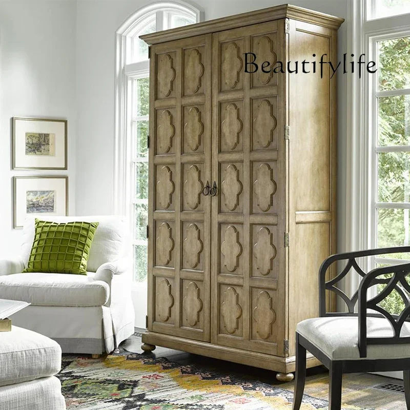 

u American solid wood double door independent wardrobe retro old carved French birch locker European two door wardrobe