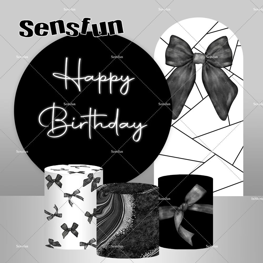 Black and White Bow Theme Birthday Party Round Arch Backdrop Cover Girls Baby Shower Birthday Party Backgrounds For Photography