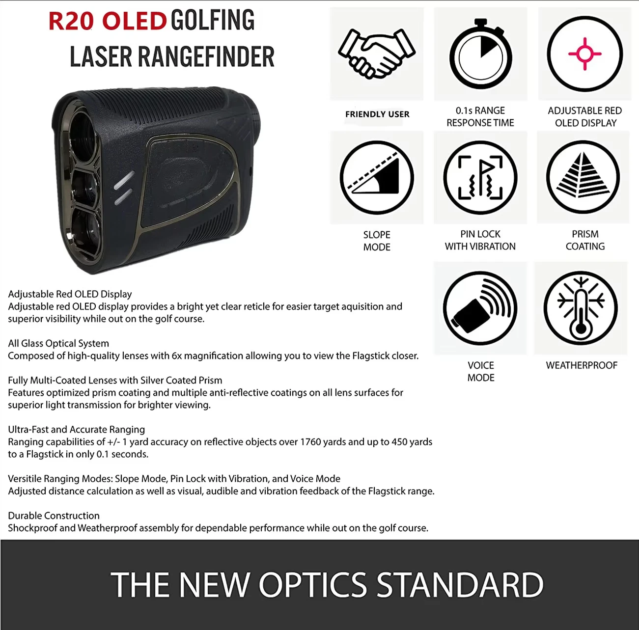 1200 meter golfafstandsmeter rood OLED-display met hellings-aan/uit Flag-Lock Tech voor golftournament Legal