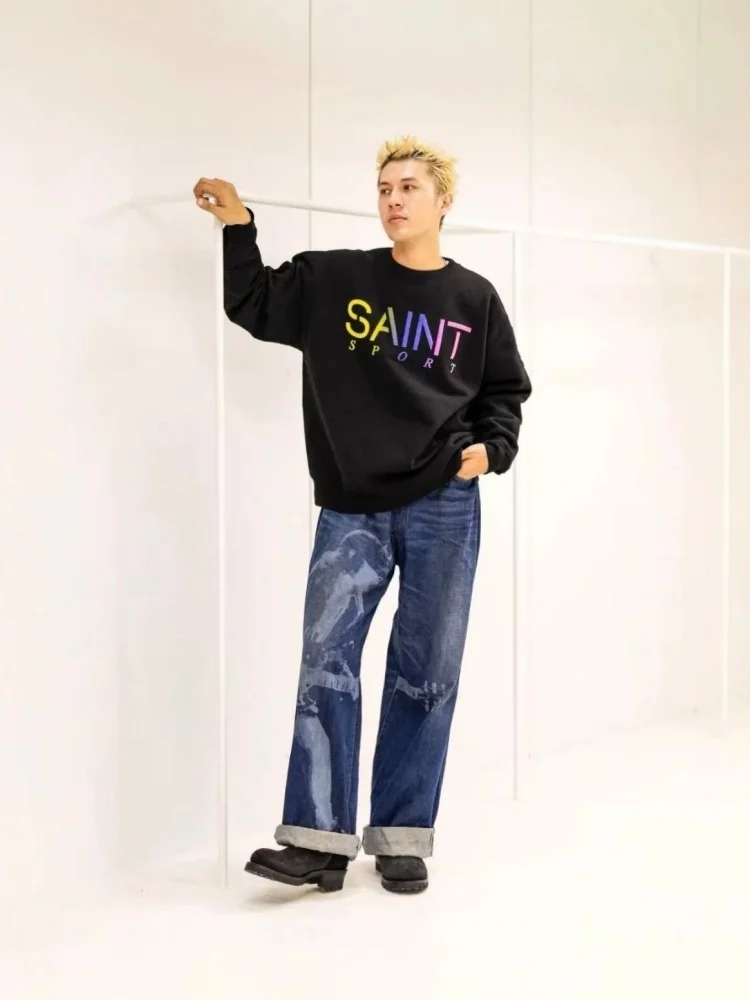 Saint Simple 컬러풀 레터 프린트 남성용 후드티 루즈핏 라운드넥 캐주얼 스웨트셔츠