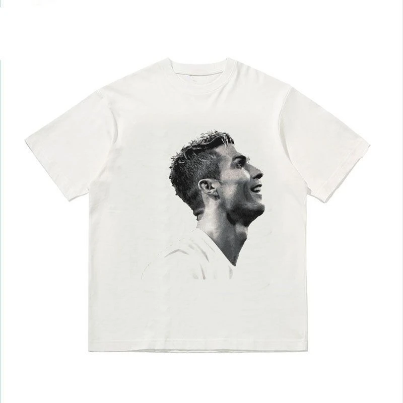 Heavy-duty Pure Cotton American-style Printed Short-sleeved Football Retro High Street Sport T-shirt As Base Layer for Men