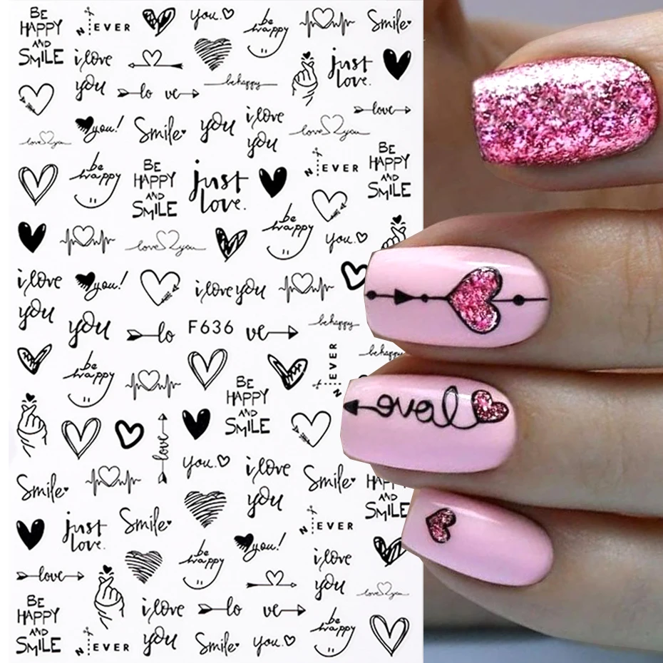 Black White Heart Letter Nail Sticker Love Abstract Flower Nail Art Decoration Star Sexy Woman Decals Manicure Accessories