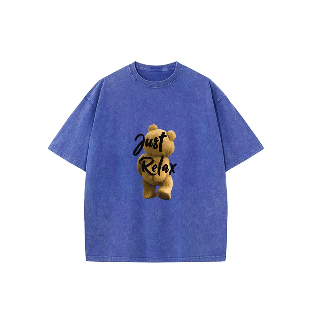 Tee-Shirt For Man Relax Bear Print 100% Cotton Oversize Summer Round Neck T-shirts Retro Casual Men Washed Short T-Shirt