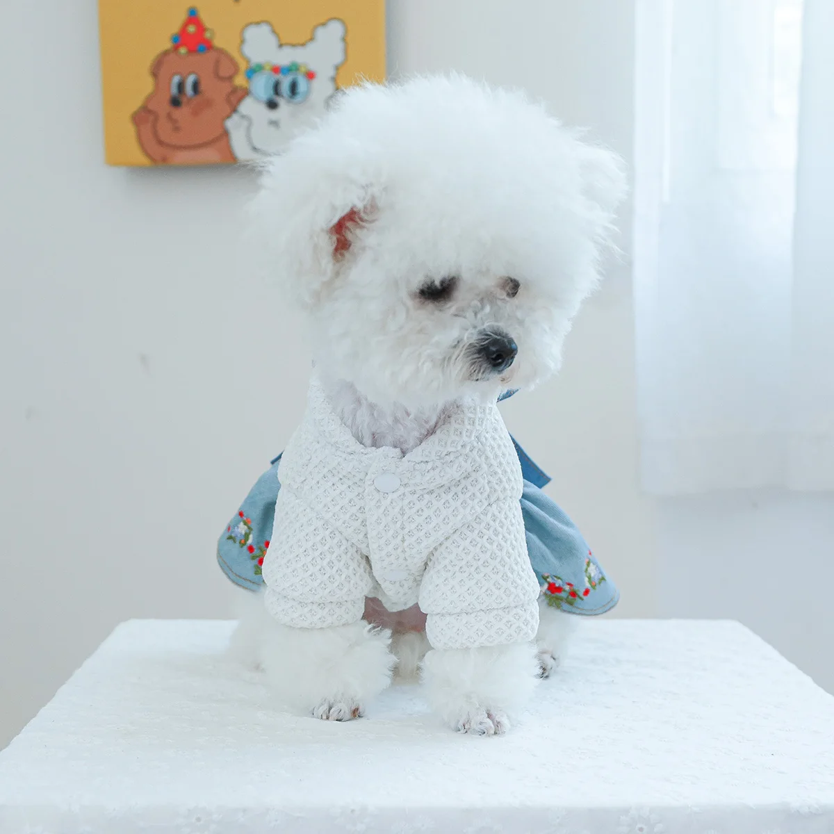 1PC Pet Clothing Dog Cat Fall/Winter Blue floral bow denim dress suitable for small to medium sized dogs