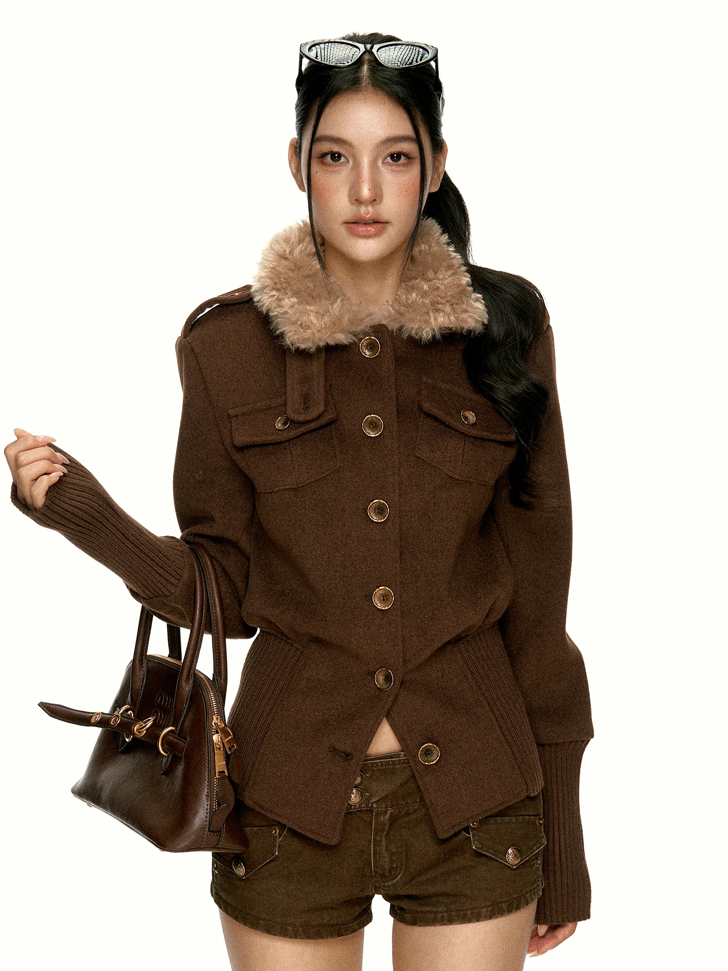 Aaisup Brown Vintage Money Wind Coat Women's Autumn High-End Waist-Cinching Slimming Faux Fur Lapel  Casual Style