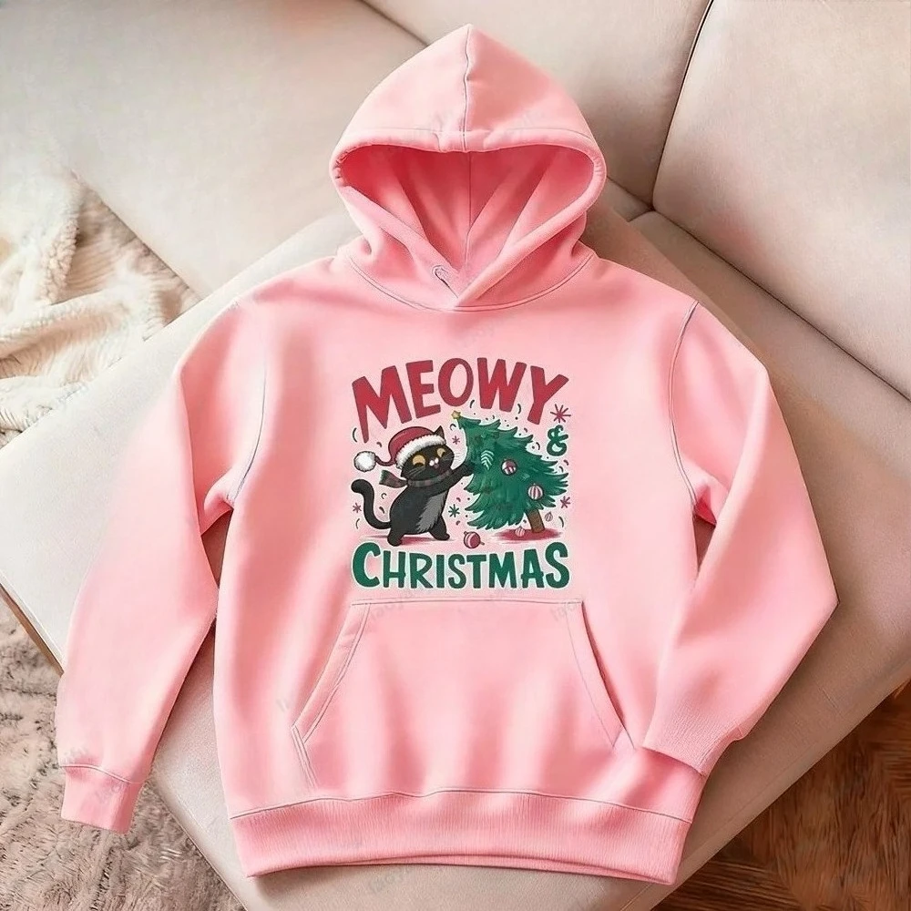 New Meowy Christmas Cat Sweatshirt Funny Cat Lover Christmas Clothing Xmas Women Men Casual Festive Holiday Hoodies Fashion Tops