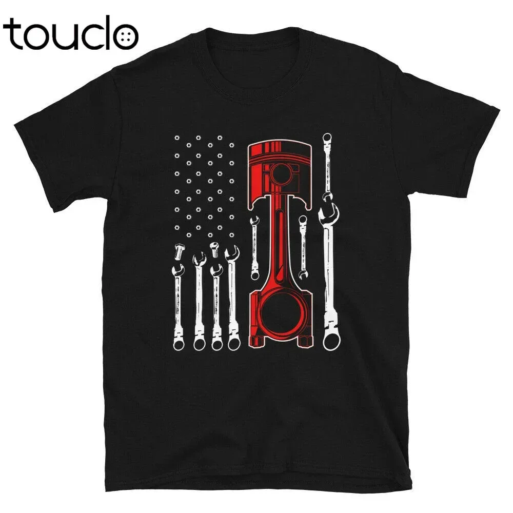 New Patriotic American Car Mechanic Husband Gift Piston Usa Flag Black T-Shirt Unisex S-5Xl Xs-5Xl Custom Gift