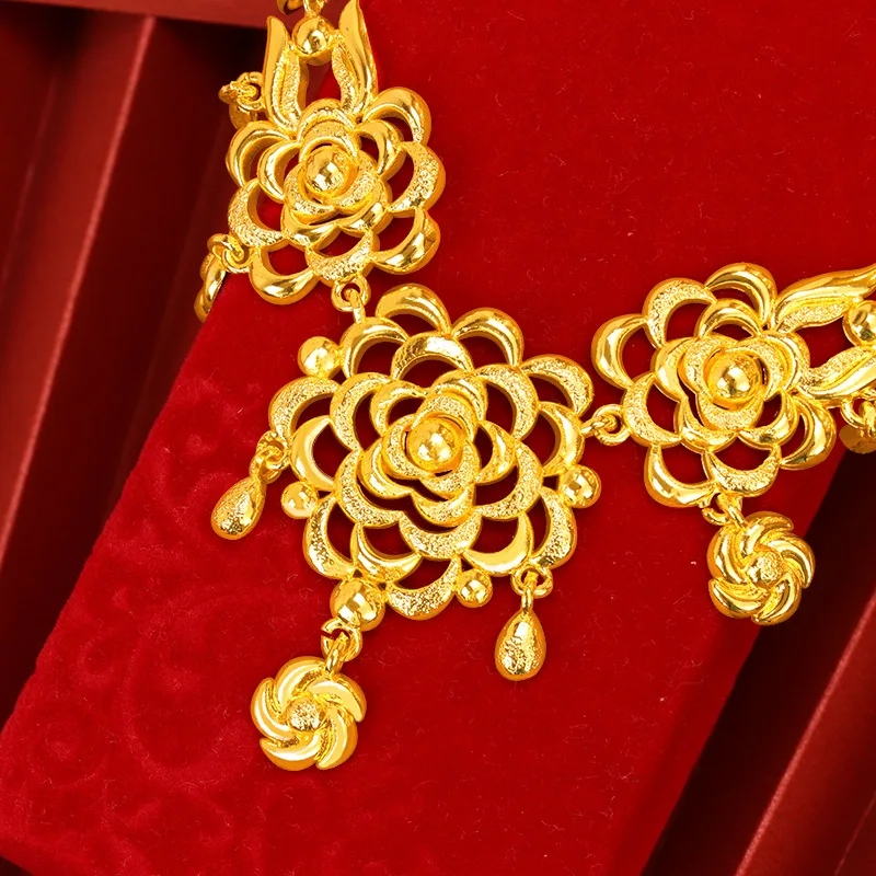 Luxury 24K 9999 Pure Gold real gold Women's Wedding Flower Chain Saudi Dubai Bride Wedding Necklace view 4
