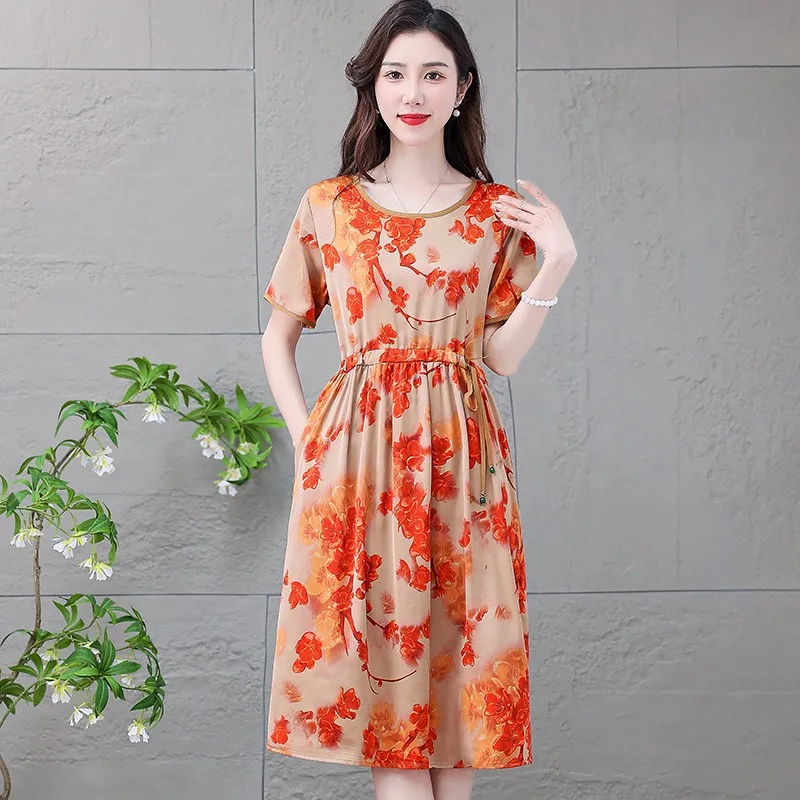 

Women Print Mulberry Silk Midi Dress Summer Korean Vintage Casual Party Vestidos Elegant Drawstring Plus Size Dresses