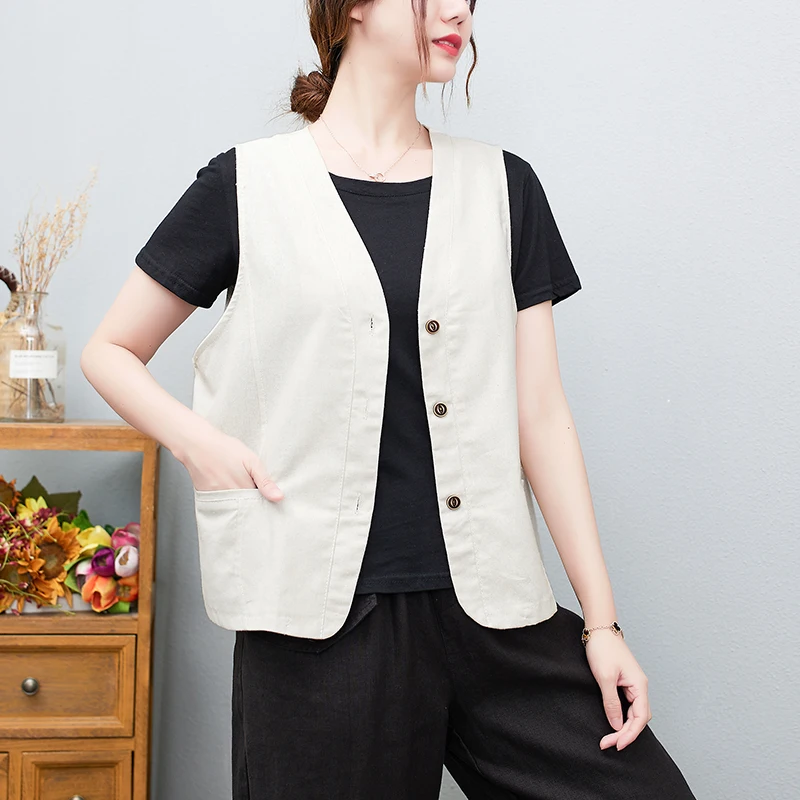 

Jianbiao Japanese Sle V-ne Open Cardigan Vest Svel Outerwear Workwear Jaet Women's Faion Summer Cotton Blend