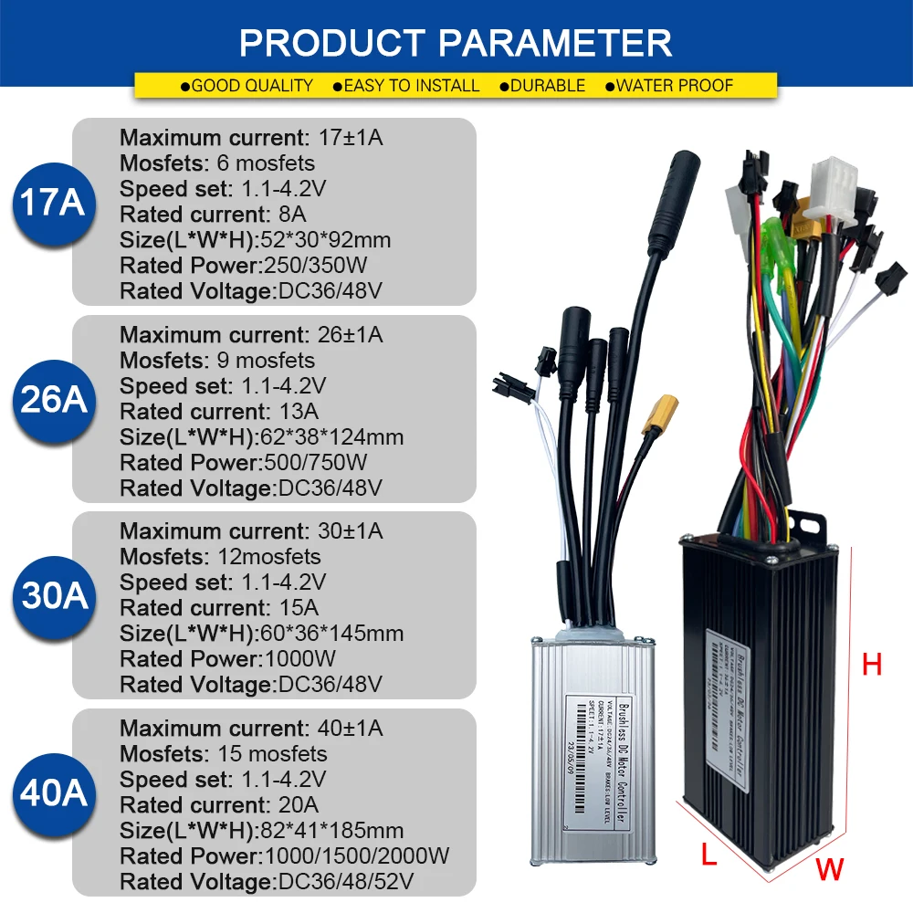 Ebike Three-Mode SineWave Controller 250-2000W Brushless Controller 36V48V 17/26/30/40A with Learning Function for Electric Bike