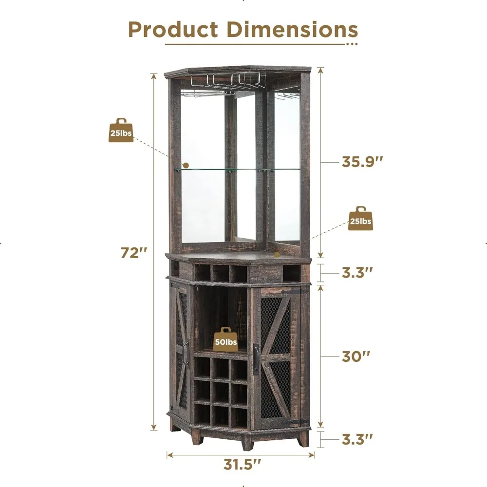 Gabinete de almacenamiento de barra de esquina, gabinete de barra de vino de granja de 72 "de alto con puerta de Granero y estante ajustable