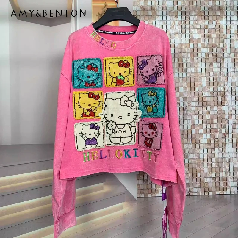 

2025 Autumn Winter New Fashion Heavy Industry Cartoon Coat Loose Short Round Neck Sweatshirt Pink Long Sleeves Sweatshirt Jacket