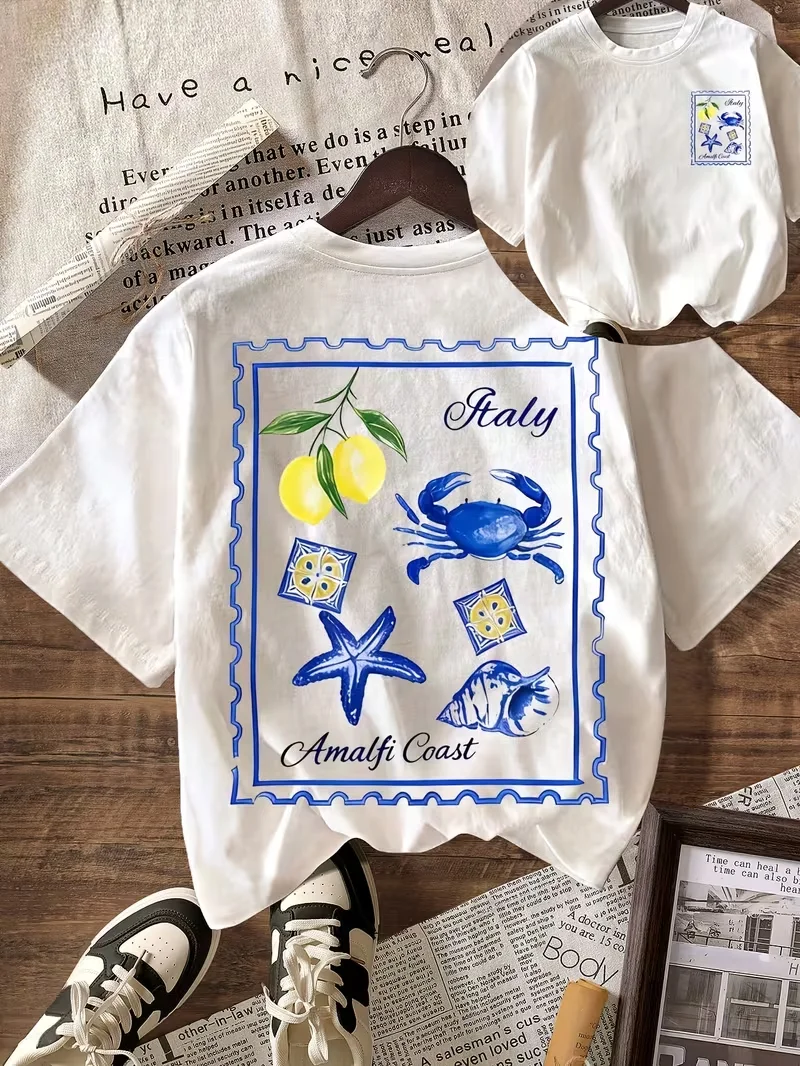 Italian Lemon Crab Stamp Graphic T-shirt Women Loose Casual Short Sleeve Summer Daily Streetwear Commuting Trendy Fashion Wear