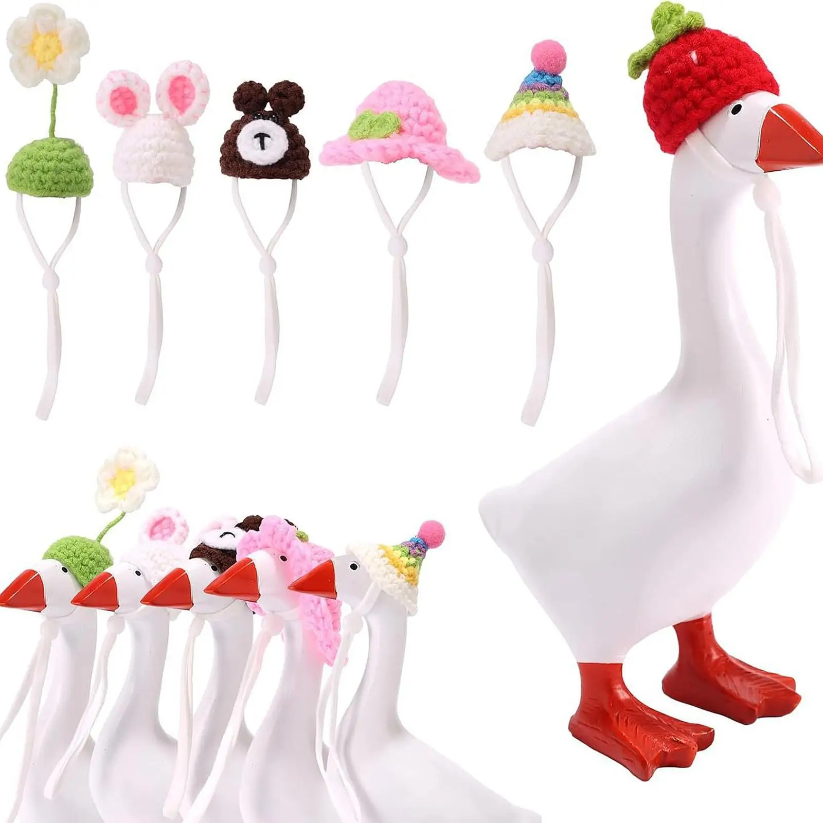 

6pcs Goose Outfits for Desk, Mini Knitted Hats for Statues, Key Holder, Funny