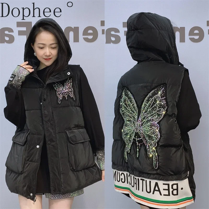 Diamonds Butterfly Women Sleeveless Wadded Jacket 2024 New Autumn Winter Large Size Hooded Vests Coat Streetwear Black Waistcoat