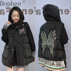 Diamonds Butterfly Women Sleeveless Wadded Jacket 2024 New Autumn Winter Large Size Hooded Vests Coat Streetwear Black Waistcoat