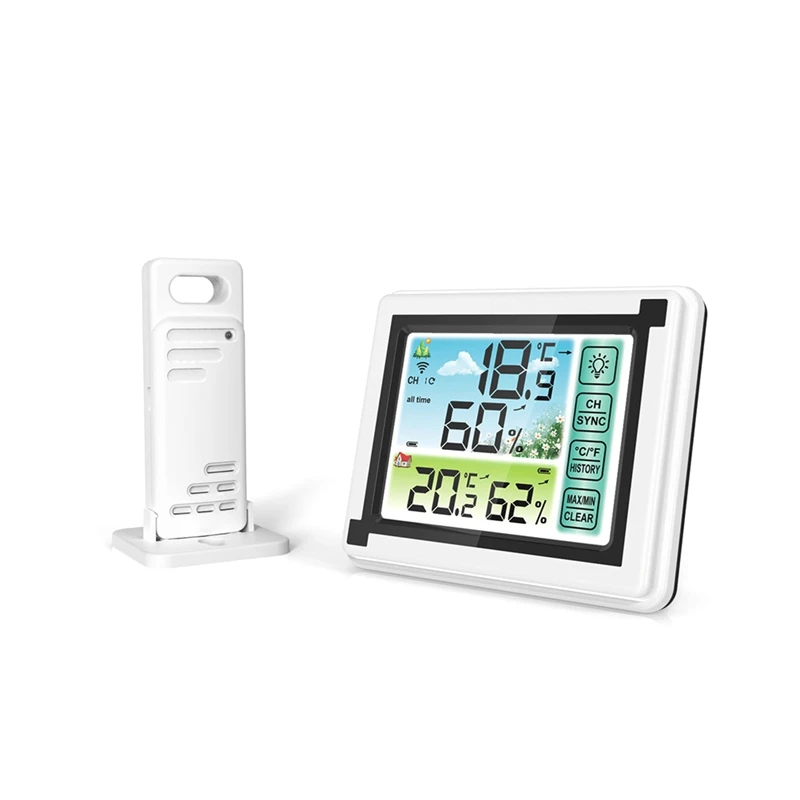 Touch Screen Weather Station With Wireless Sensor Alarm Clock, Thermometer, Hygrometer, Sunrise And Sunset Times