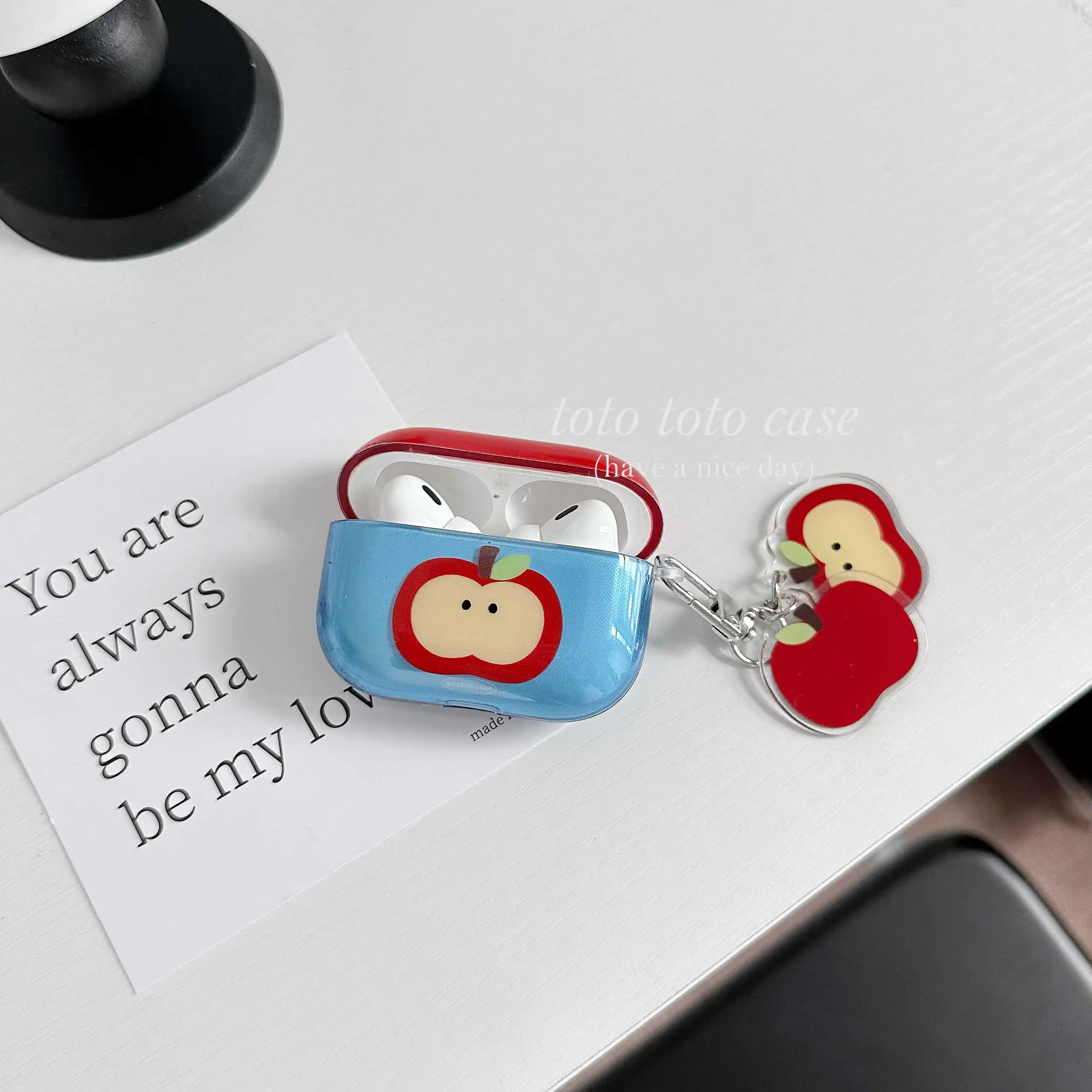 

Transparent Blue Cartoon Red Apple Pendant Shockproof Protective Case Cover For AirPods 1 2 3 4 AirPods Pro Pro 2