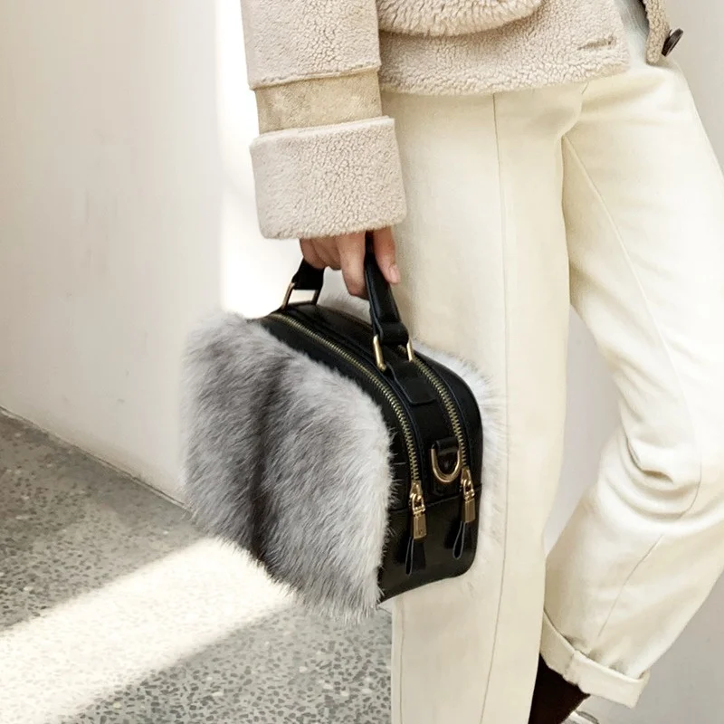 Luxo Mink Fur Pocket Bag para mulheres, bolsa de couro, corrente pode atravessar o corpo, alta qualidade, moda