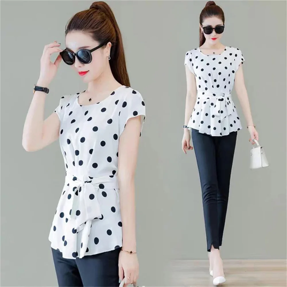 Women Spring Summer Style Blouses Shirt Lady Casual Short Sleeve O-Neck Solid Polka Dot Women\'s Casual Tops