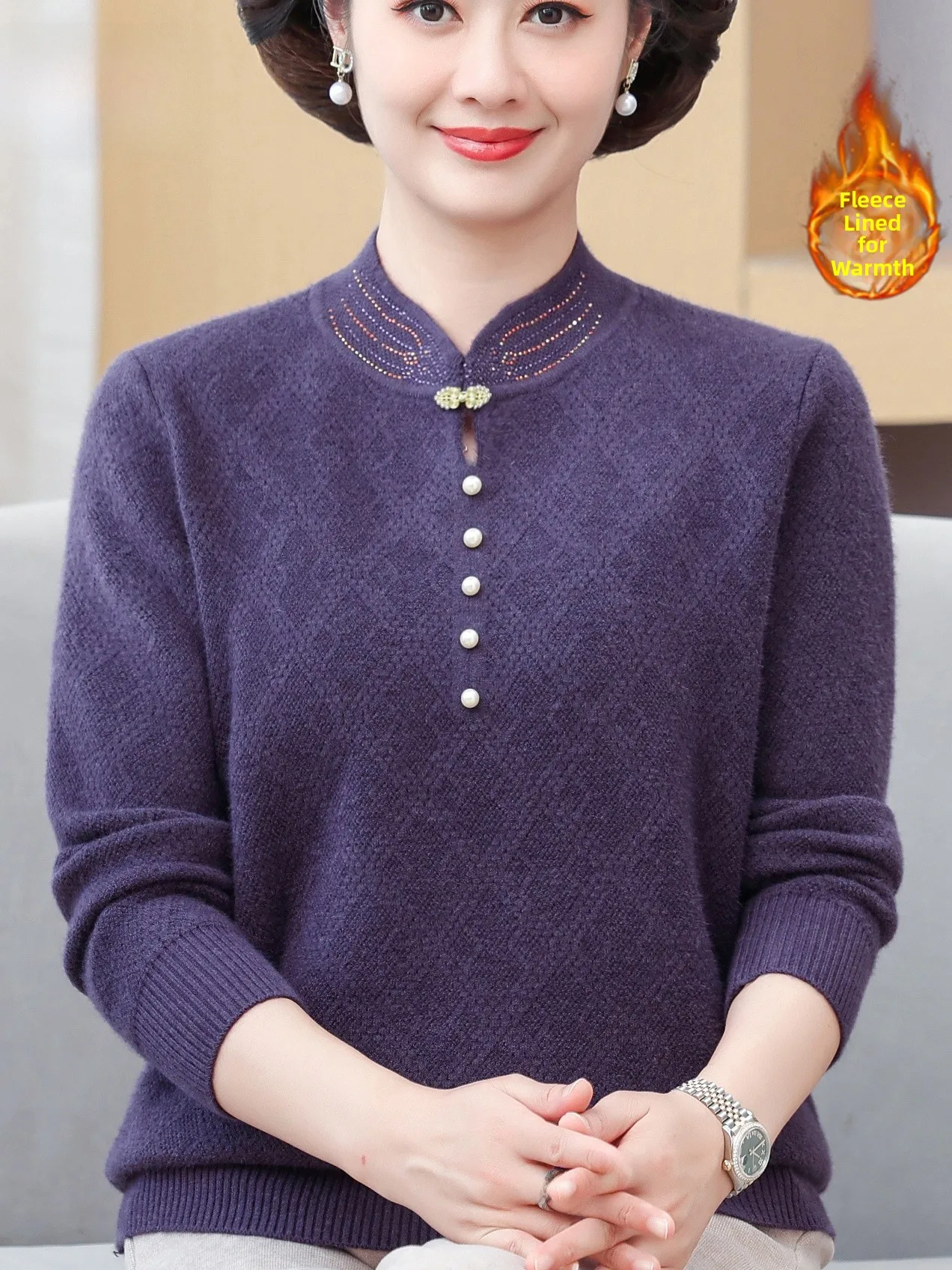 

Warm Fce Lined Knitted Sweater Stand Collar Pearl Button Base irt Chinese Sle Women's Autumn Winter Loose Fit Top