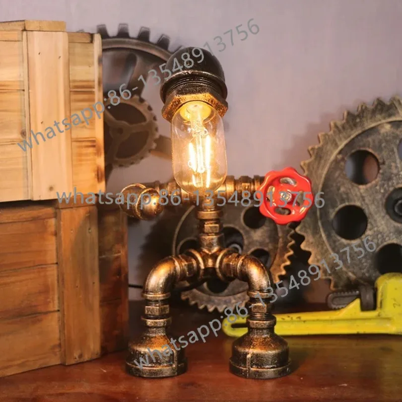 

Retro industrial style decoration creative coffee bar water pipe robot atmosphere table lamp ornament