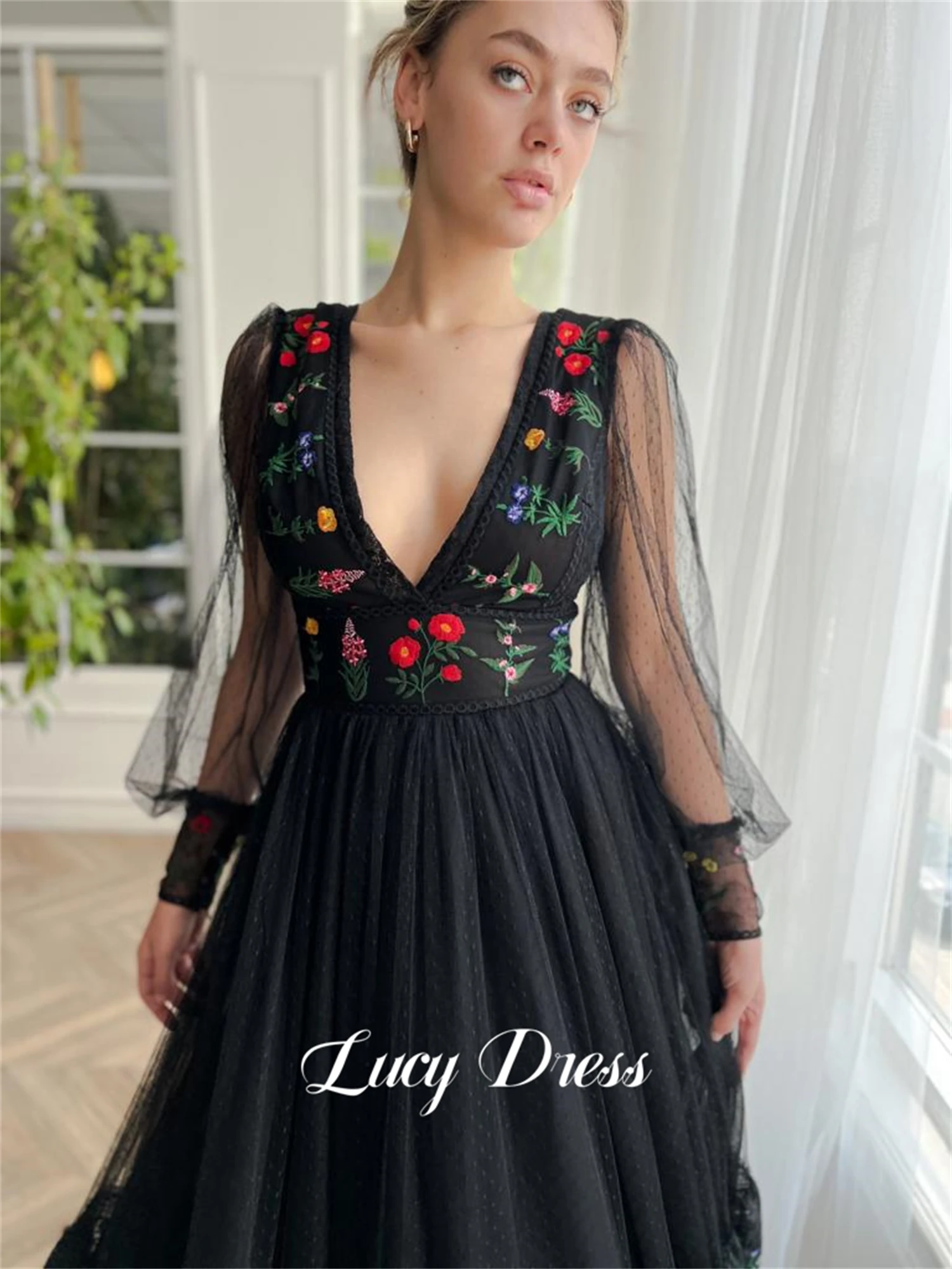 Lucy Prom Black Floral Embroidery Fabric Medium Length Party Dress Lace Cocktail Women\'s Evening Elegant Dresses Luxury Gown