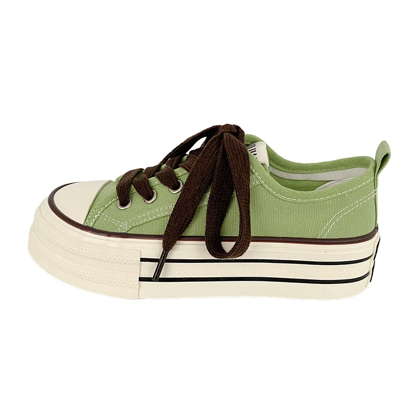 2026 Women Fresh Canvas Shoes Low Top Female Students Solid Green Sneakers Thick Sole Summer Casual Grey Pink Sport Shoes