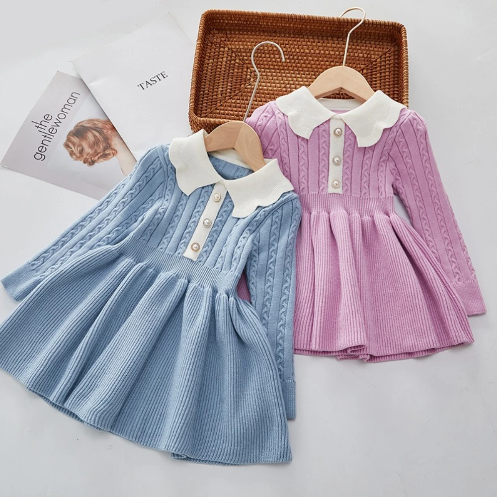 Autumn and Winter New Girls' Casual Clothes Solid Color Knitted Fluffy Long Sleeved Lapel Pearl Button Dress Korean Version
