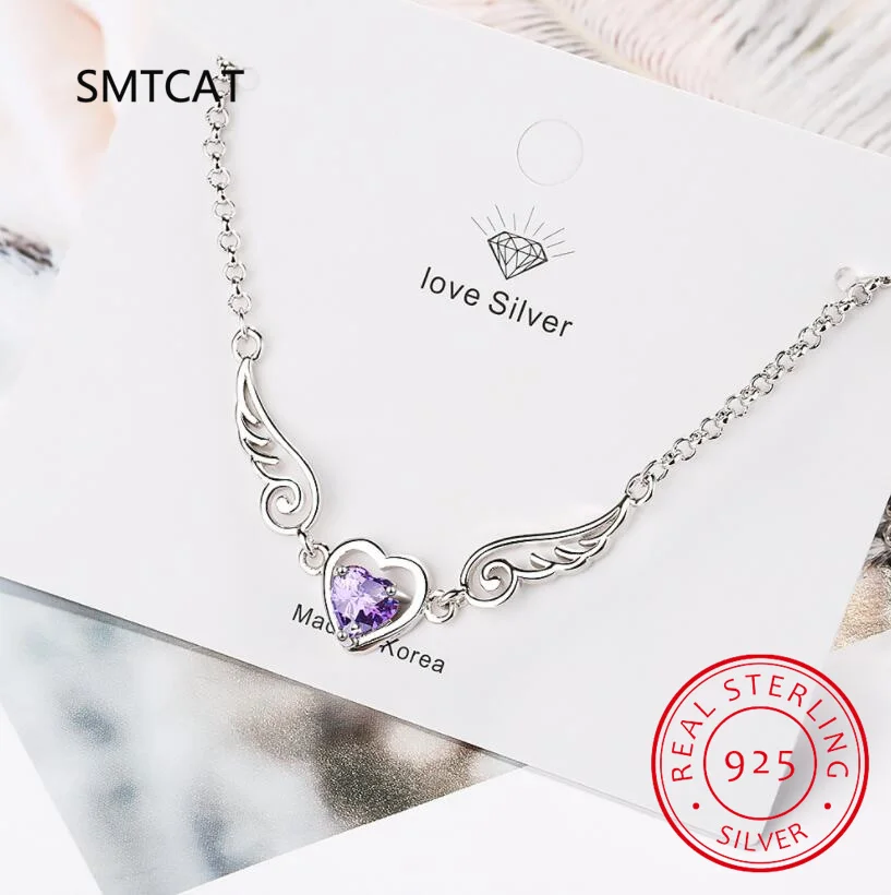 Heart Cut Genuine Purple Amethyst 925 Sterling Silver Angel Wings Bracelet for Women Fashion Gemstone Jewelry Gift