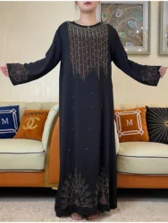 2022 Autumn Abaya Muslim Woman Long Sleeve Dress Ramadan Prayer Diamonds Kaftan Arabic Islamic Clothing Robe Moroccan Caftan