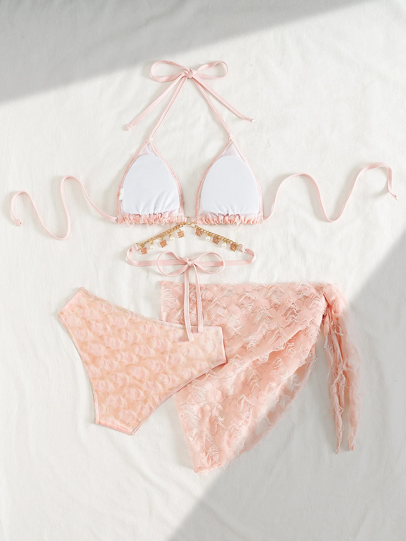 2025 Sexy Damen-Bikini-Set mit Kettenriemen, schlankmachend, kleine Brust, gerafft, Strandurlaub, dreiteilige, separate Pure Desire-Badebekleidung