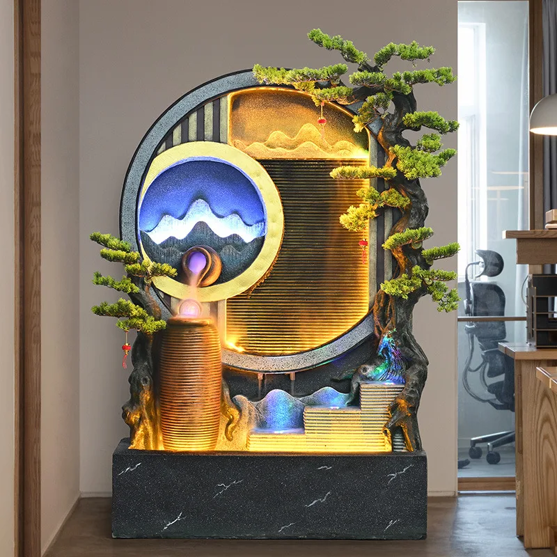 

Round water curtain wall, flowing water generates wealth, entrance, living room, office, tea room, courtyard, landscape, rockery