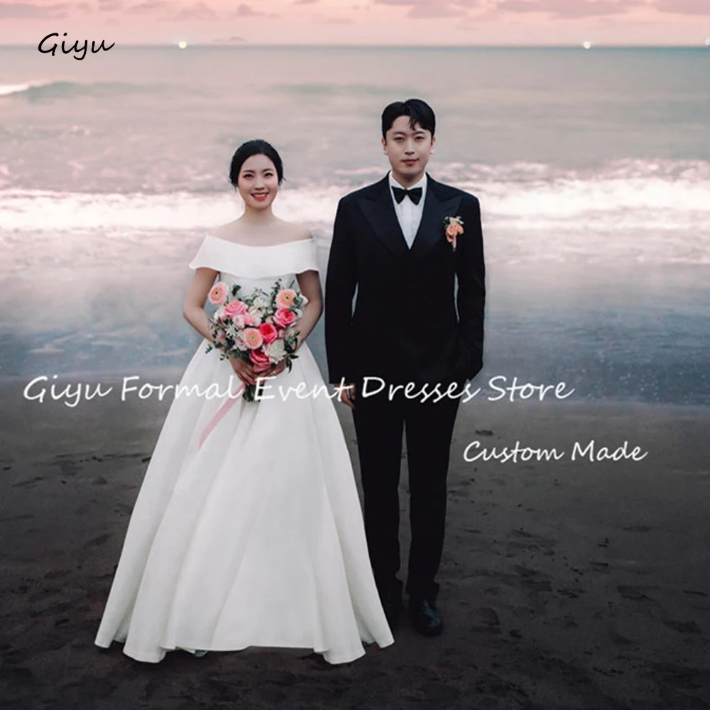 

Giyu Simple A Line Wedding Dresses Korea Photoshoot Off Shoulder Soft Satin Country bride Dress Plus Size Corset Back