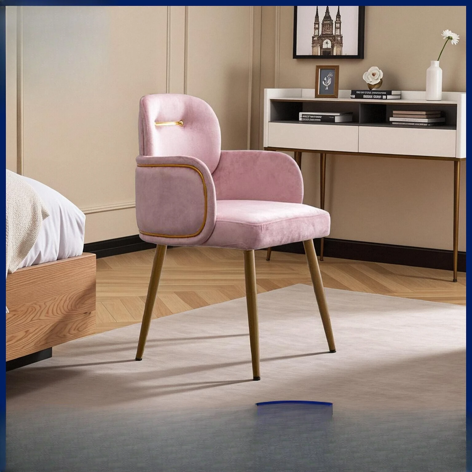 Italian simple cream style dining chair light luxury stainless steel flannel retro cafe hotel manicure dresser chair