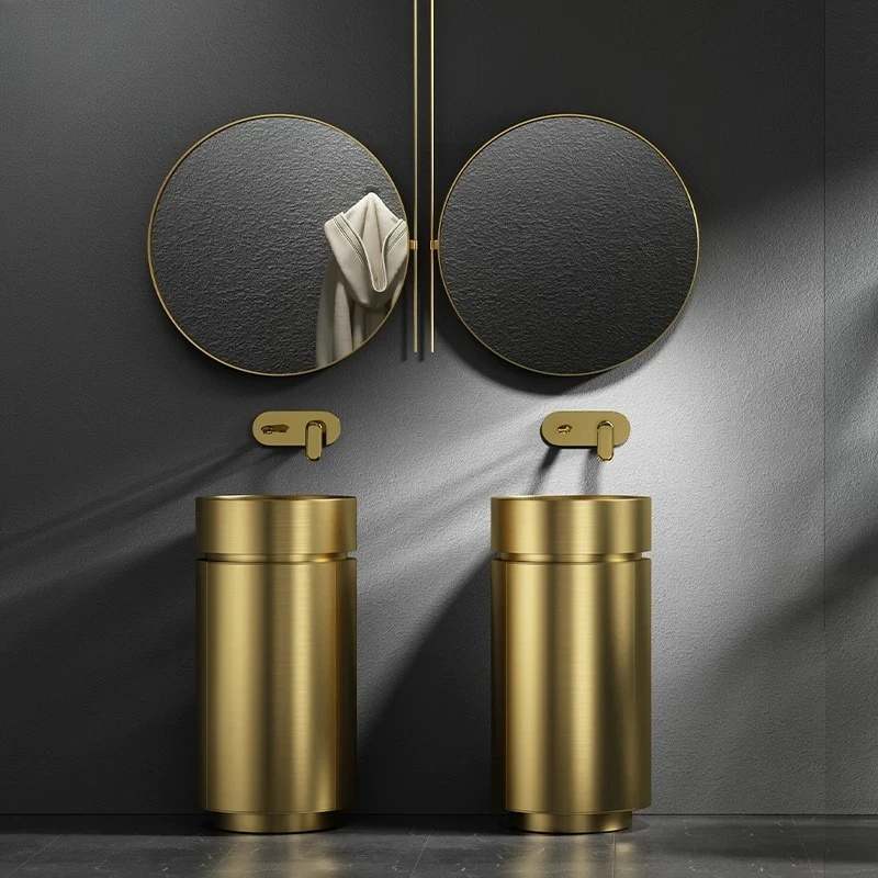 Open door light luxury stainless steel column basin integrated floor wash basin hotel anti-kick column washbasin
