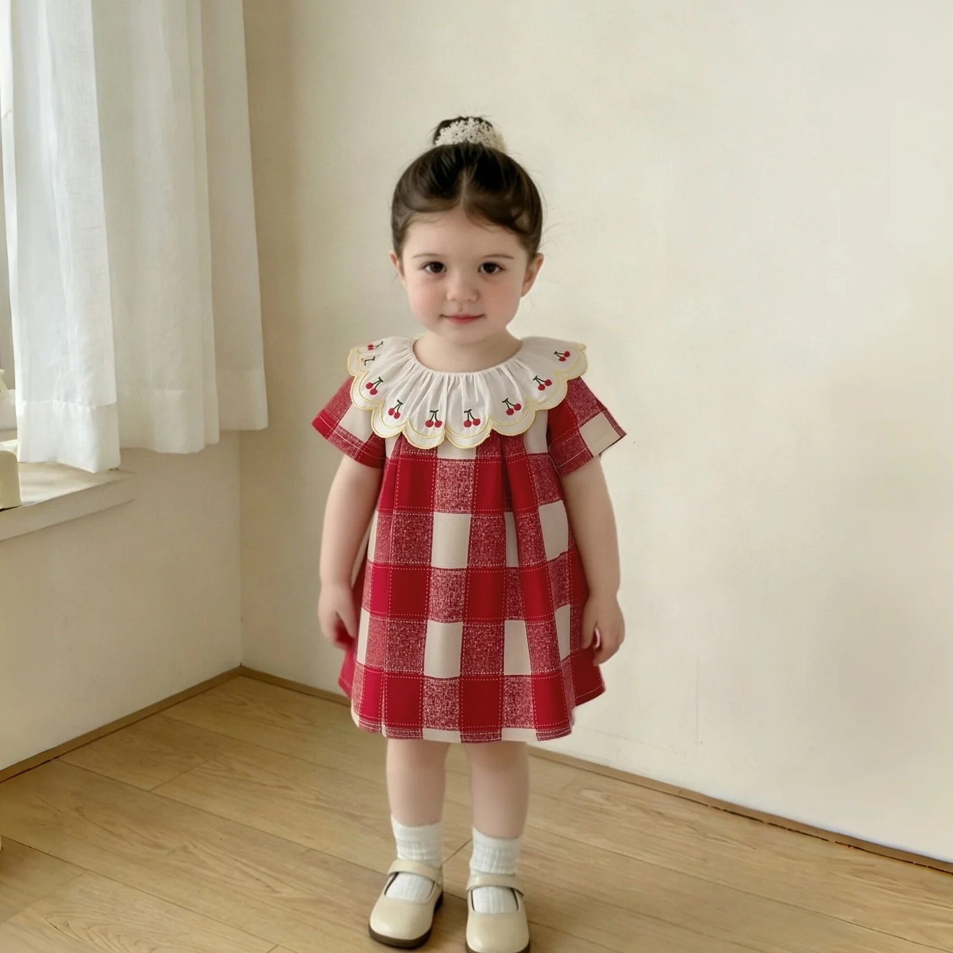 

Летняя одежда для малышей, милый красный клетчатый узор в цвете вишни, модная одежда для маленьких девочек, детская одежда для детей от 9 месяцев до 4 лет