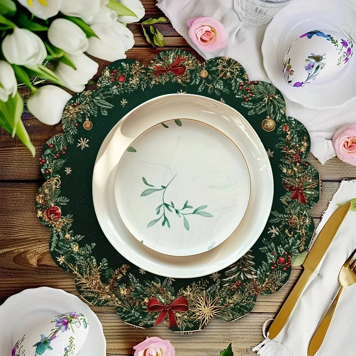 4/6 Stück Runde 38cm Tischsets für Esstische, Weihnachtliche Smaragdgrüne Goldmuster-Tischmatten, Ideal für Weihnachten – Detail 5
