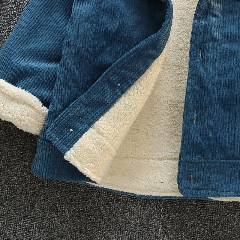 Unisex Winter-Wärmemantel für Kleinkinder Retro Cordstoff Flauschig Sherpa-Gefüttert Fleecekragen Knopfverschluss Vorne Kinderjacke – Detail 5